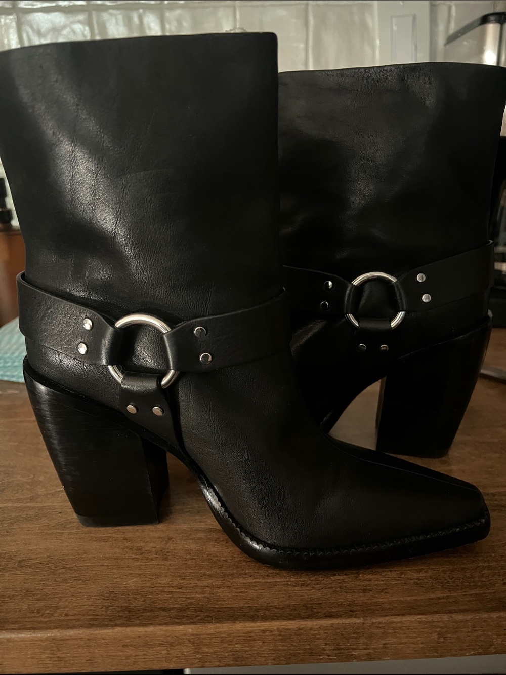 Rag & Bone Black Leather Mid-Calf Harness Boots